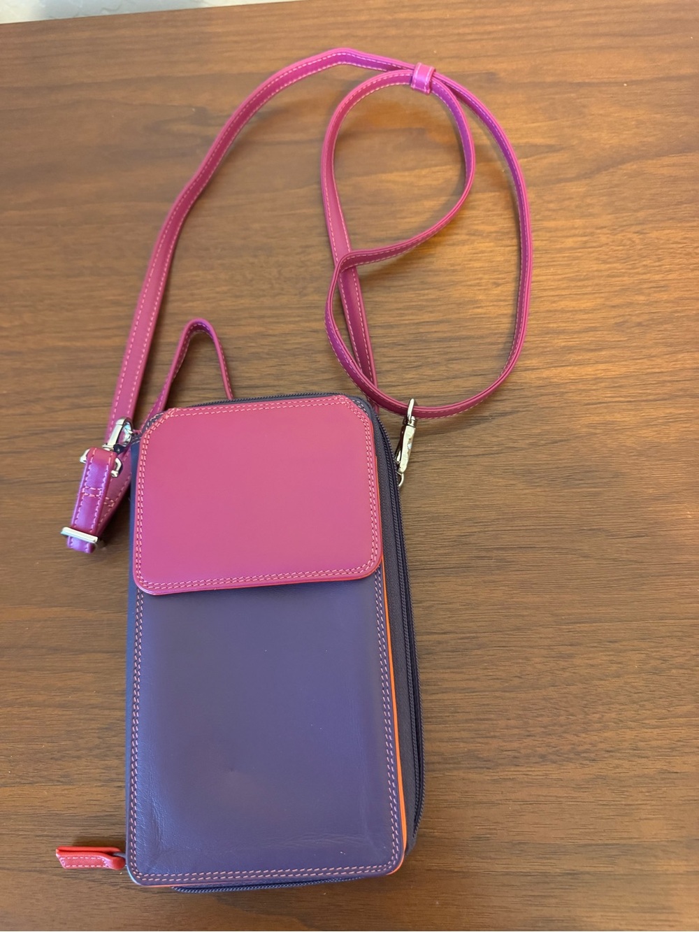Colorblock Pink and Purple Leather Crossbody Phone Bag